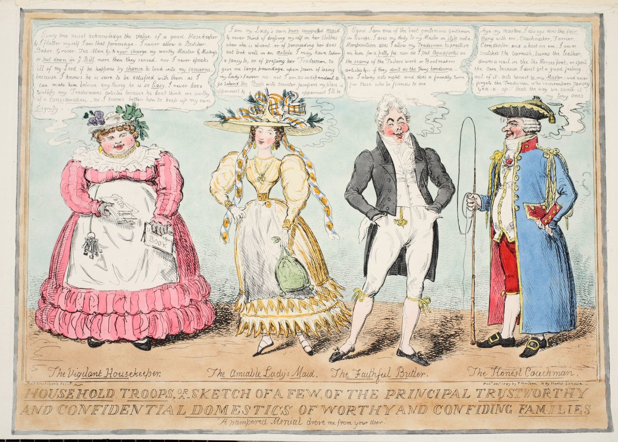 Troupes domestiques, ou Esquisse de quelques-uns des principaux domestiques dignes de confiance et confidentiels de familles dignes et confiantes, 1827 - Isaac Robert Cruikshank