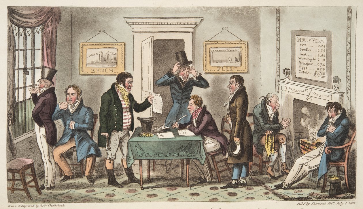 Matin et en basse humeur, une scène de détention dans une maison de recouvrement, Carey Street, un peu de vérité, de The English Spy, publié à Londres, 1824 - Isaac Robert Cruikshank