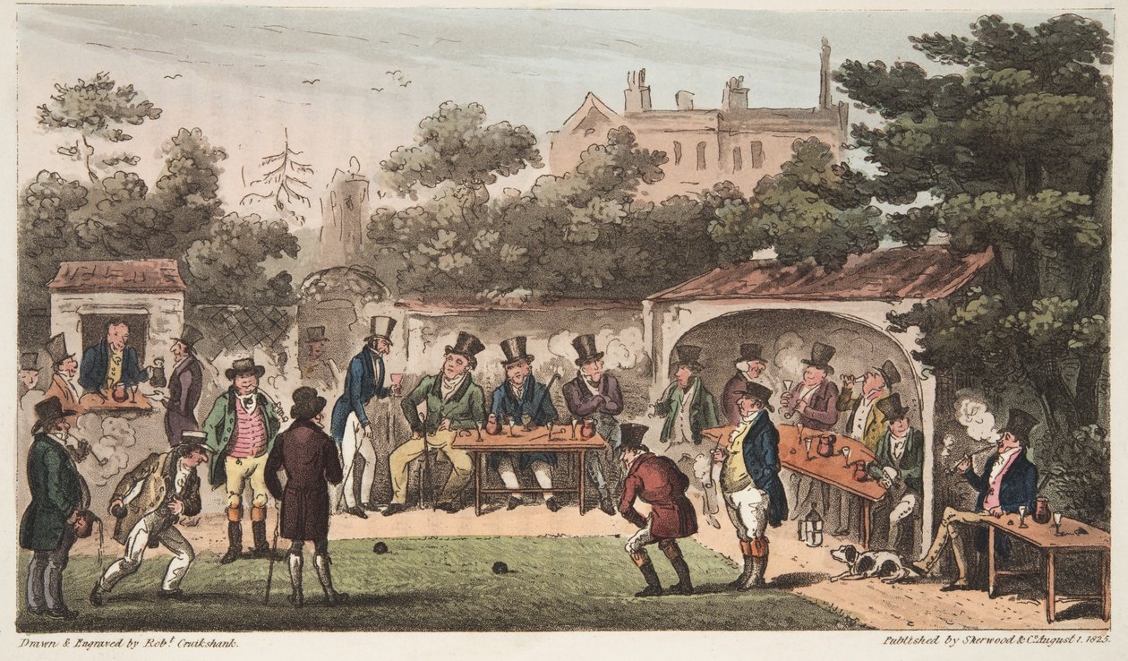 La piste de bowling, Worcester, ou personnages du Hand and Glove Club, de The English Spy, publié à Londres, 1824 - Isaac Robert Cruikshank