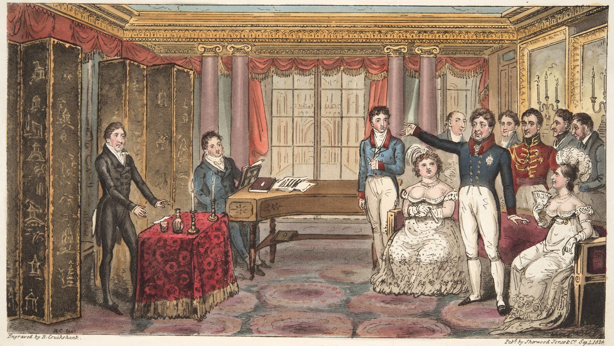Le roi à la maison, ou Mathews à Carlton House, de The English Spy, par Charles Westmacott, publié 1824 - Isaac Robert Cruikshank