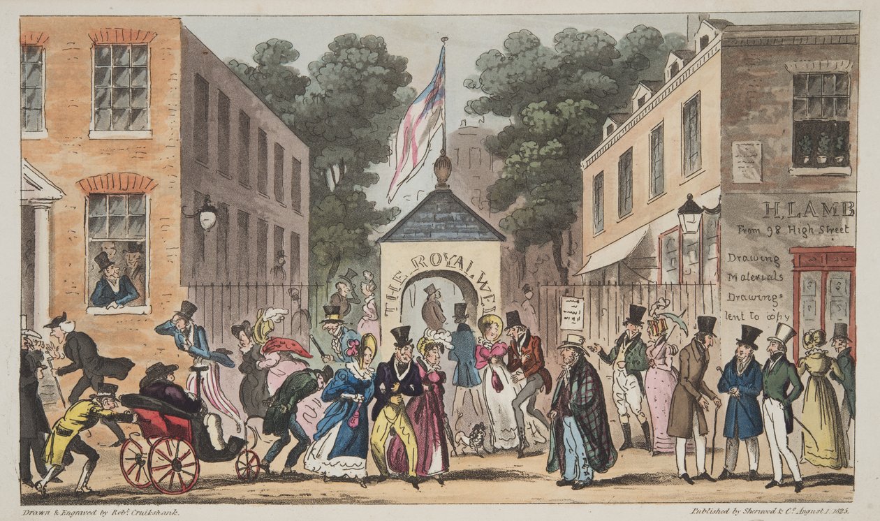 Les puits royaux, Cheltenham ou affections spasmodiques des eaux thermales, de The English Spy, pub. 1824 - Isaac Robert Cruikshank