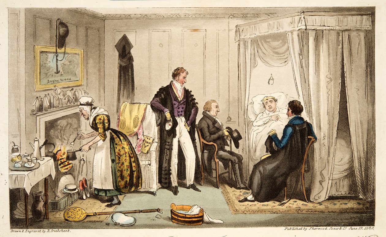 Tom Echo alité avec la fièvre de Headington ou un Oxonien très près du mur, de The English Spy, publié à Londres, 1824 - Isaac Robert Cruikshank