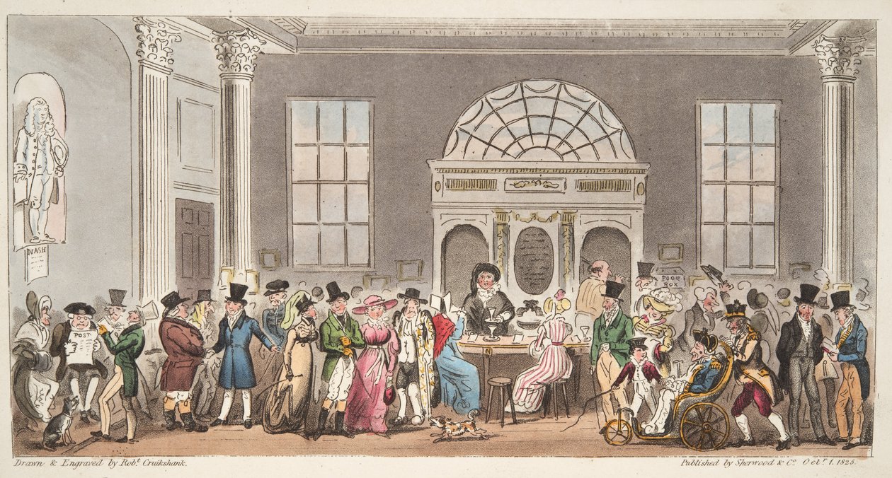 Visiteurs bien connus à la Pump Room, Bath, prenant une gorgée avec le roi Bladud, de The English Spy, pub. 1824 - Isaac Robert Cruikshank