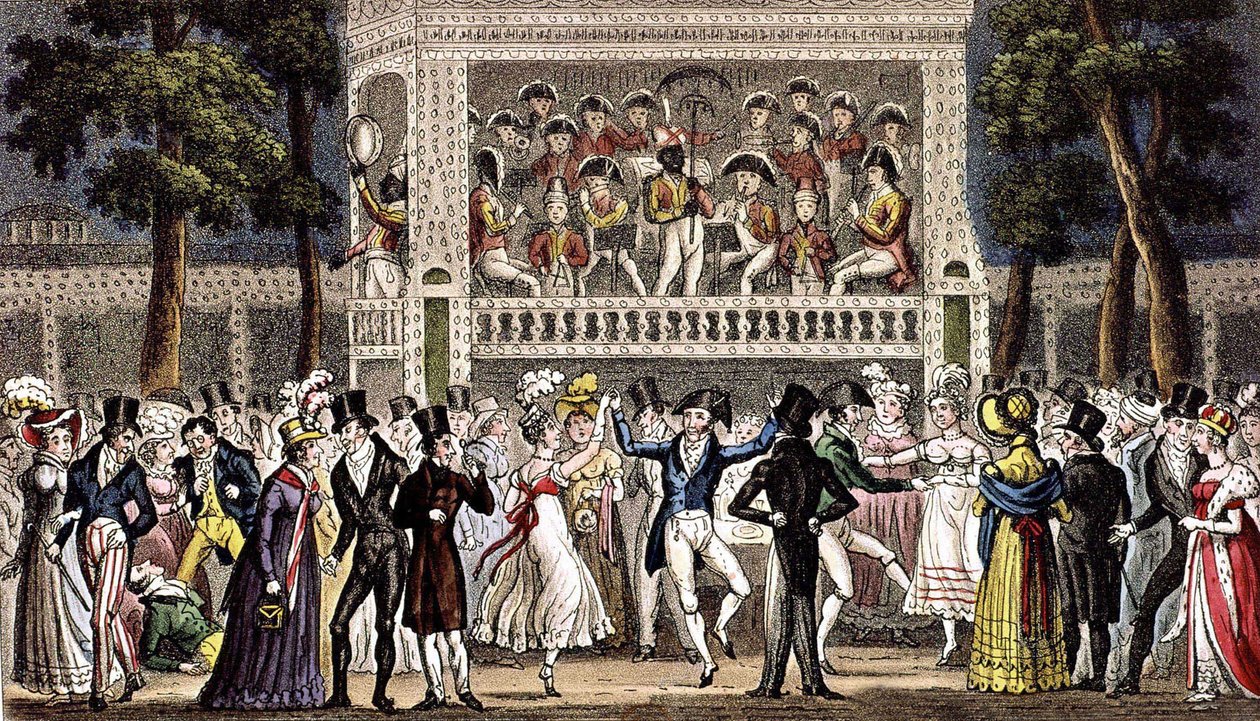 Un bal au jardin de Vauxhall à Londres vers 1830, gravure - Isaac Robert & George (1792 1878) Cruikshank