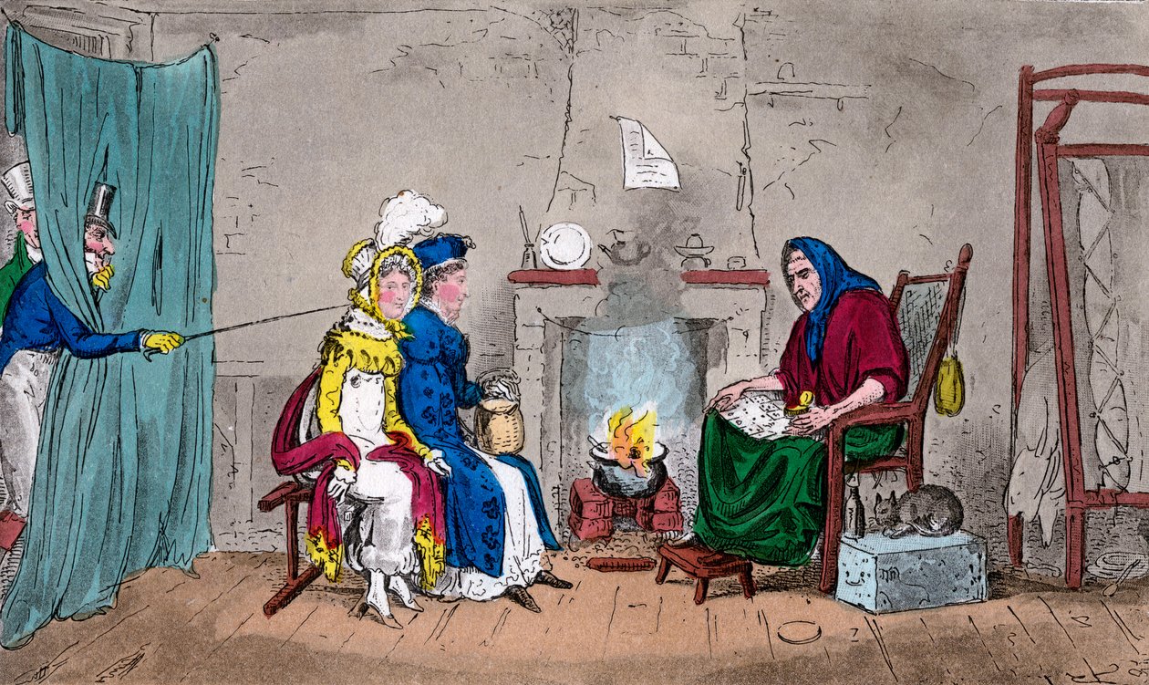 Tom et Jerry attrapant Kate et Sue en vol, faisant lire leur avenir, 19e siècle - Isaac, Robert and George Cruikshank