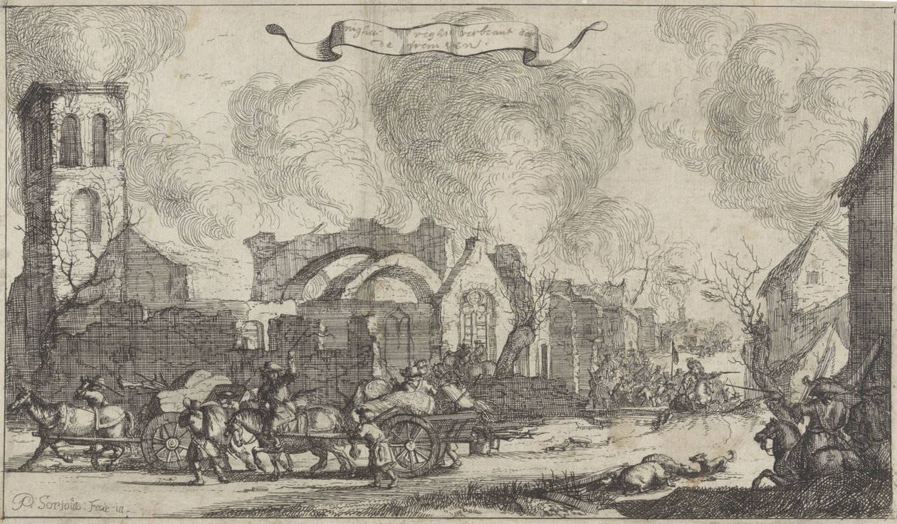Franse troepen trekken plunderend en schietend door de ruïnes van het dorp Nigtevecht, 1672 - Isaac Sorious