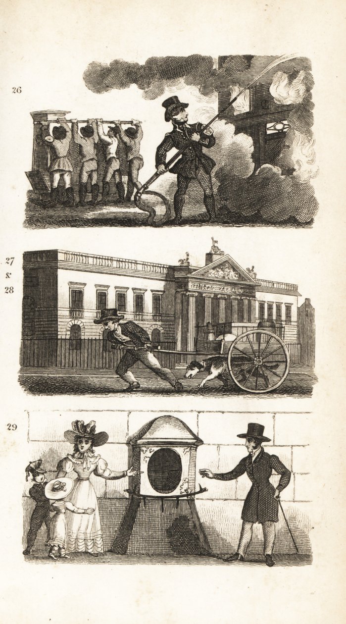 La Pompe à incendie, Transport de marchandises sur un chariot, East India House et London Stone - Isaac Taylor