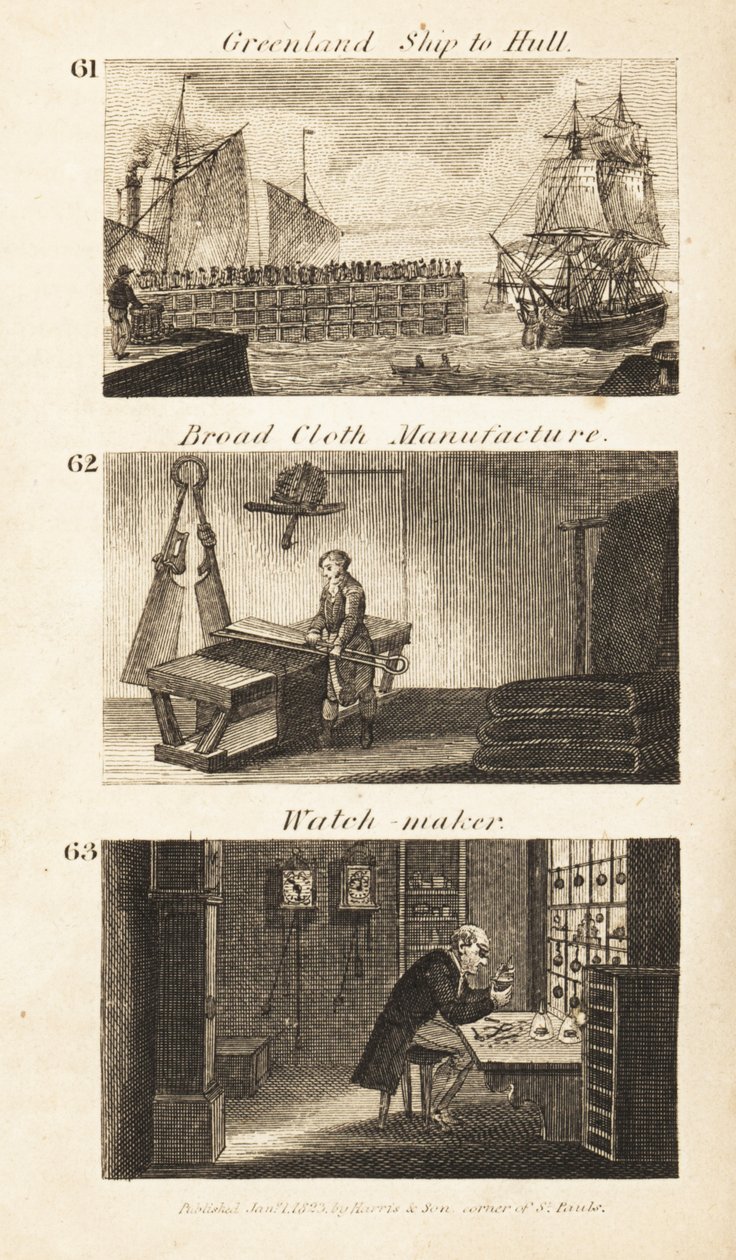 Métiers en Angleterre de la Régence : navire du Groenland à Hull, fabrication de drap et horloger - Isaac Taylor