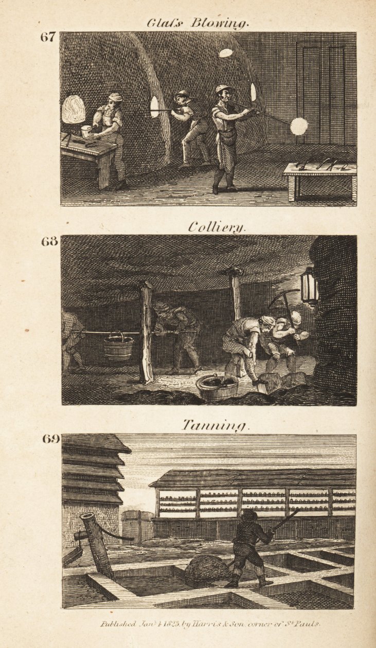 Métiers en Angleterre de la Régence : soufflage de verre, houillère et tannage - Isaac Taylor