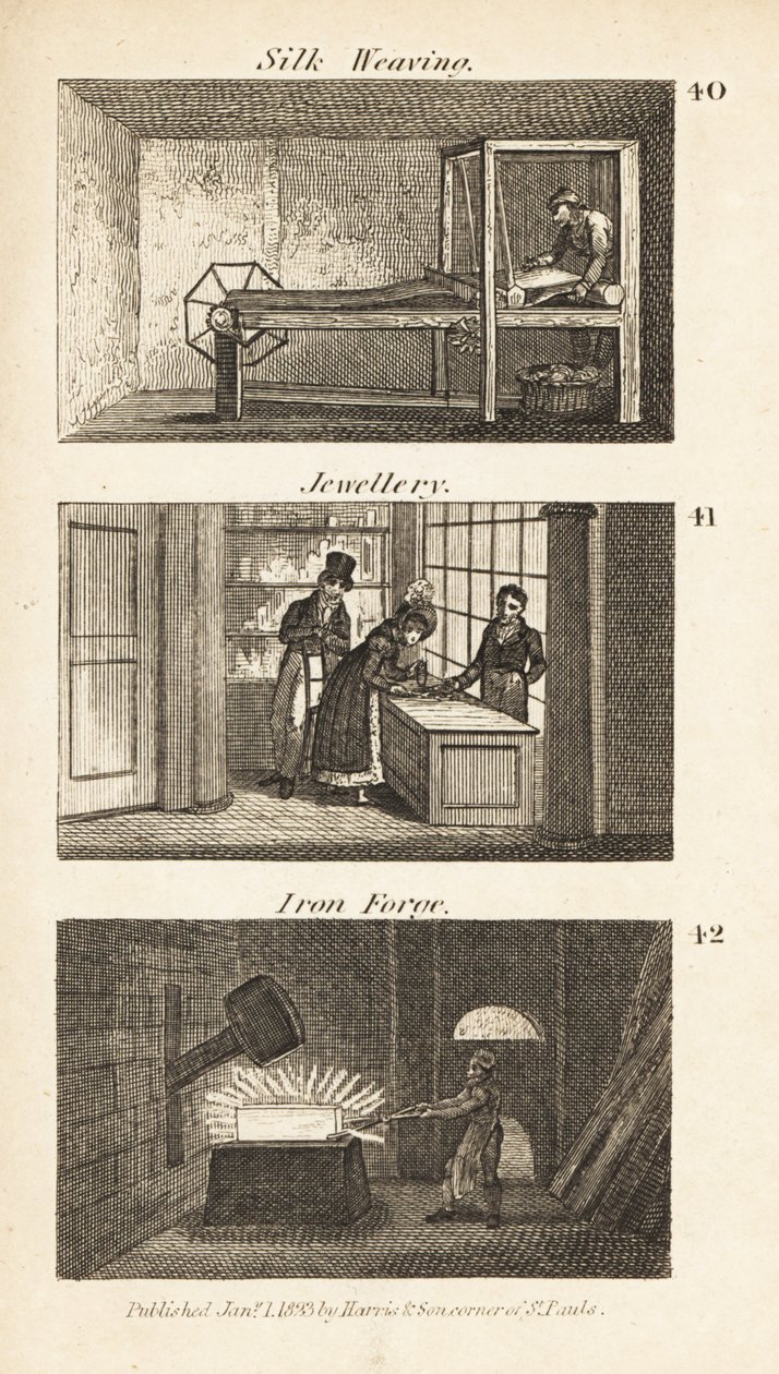 Métiers en Angleterre Régence : tissage de la soie, joaillerie et forge de fer - Isaac Taylor