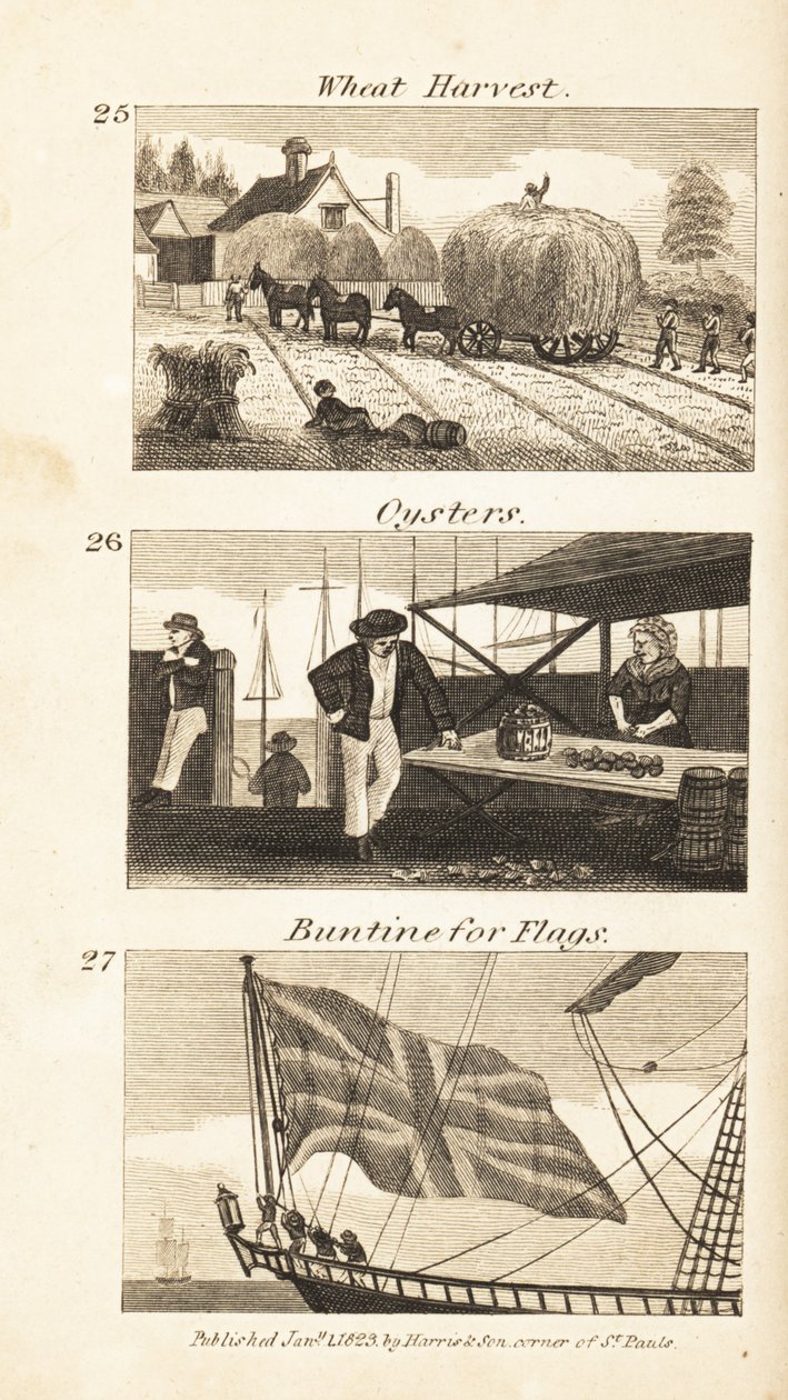 Métiers en Angleterre de la Régence : récolte de blé, huîtres et buntine pour drapeaux - Isaac Taylor