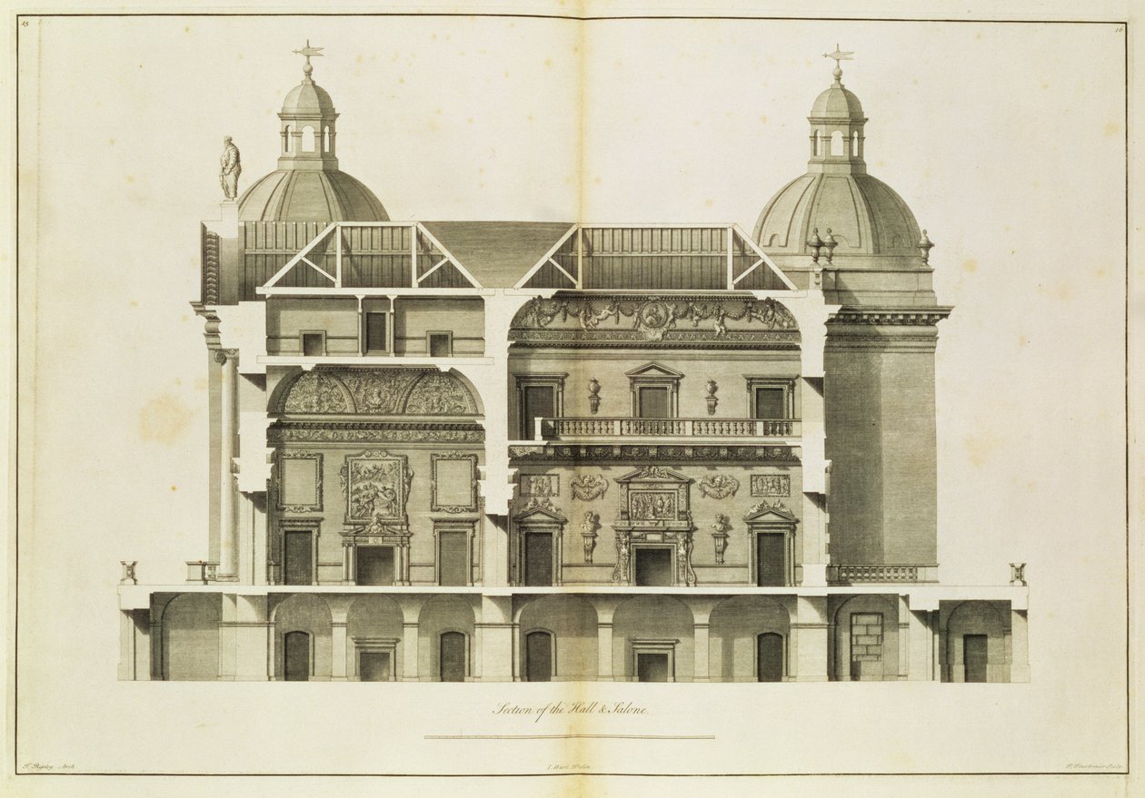 Houghton Hall : coupe transversale du Hall et du Salon, gravé par Pierre Fourdrinier, 1735 - Isaac Ware