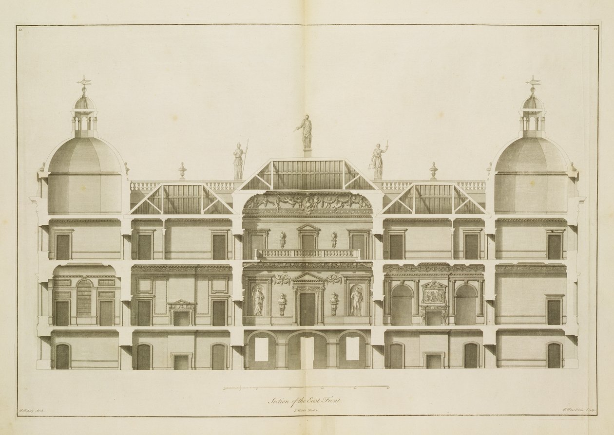Houghton Hall : section de la façade Est, gravée par Pierre Fourdrinier, 1735 - Isaac Ware