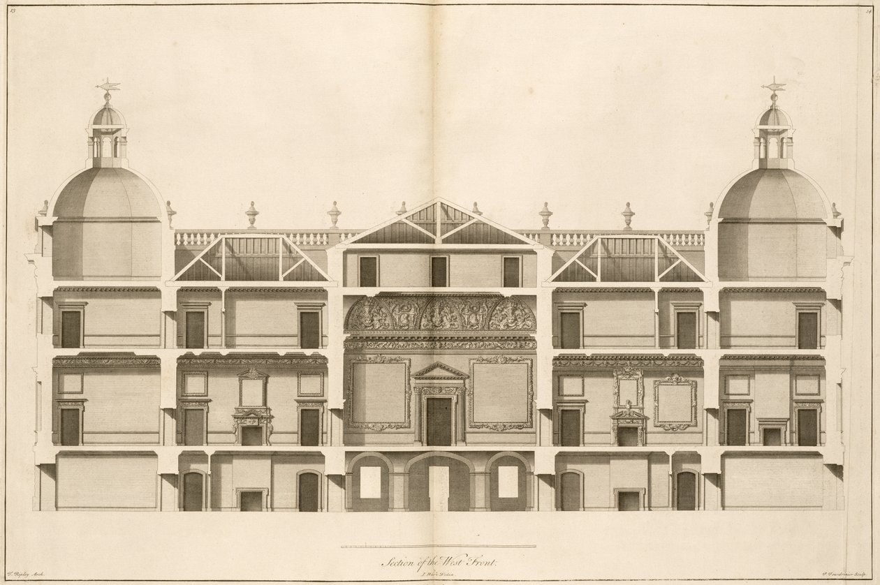 Houghton Hall : section de la façade ouest, gravée par Pierre Fourdrinier, 1735 - Isaac Ware