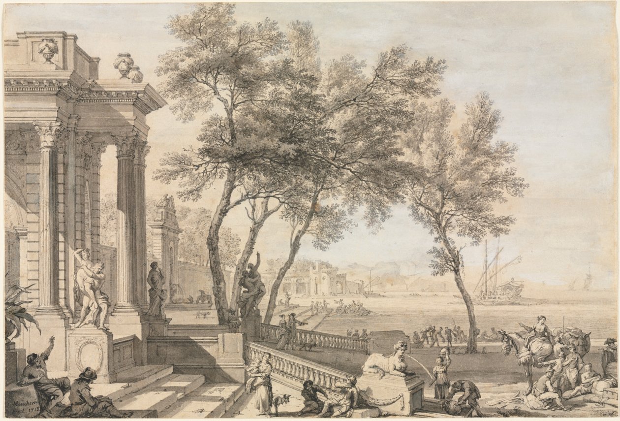 Scène fantastique de port avec architecture et personnages - Isaac de Moucheron