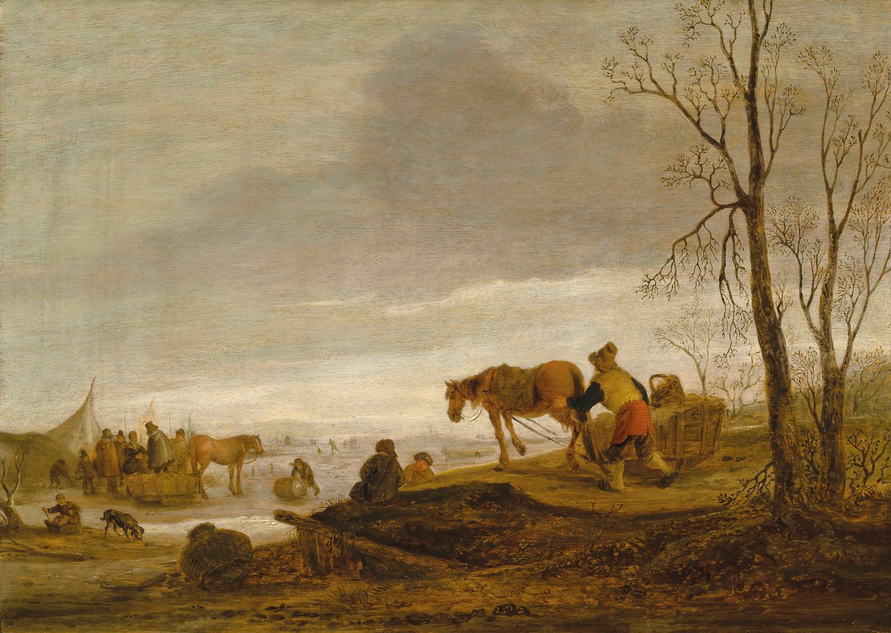 Paysage hivernal avec des personnages sur une rivière gelée - Isaac van Ostade