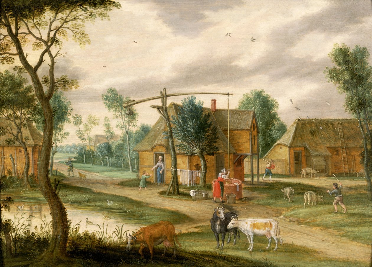 Paysage de village avec une femme puisant de l