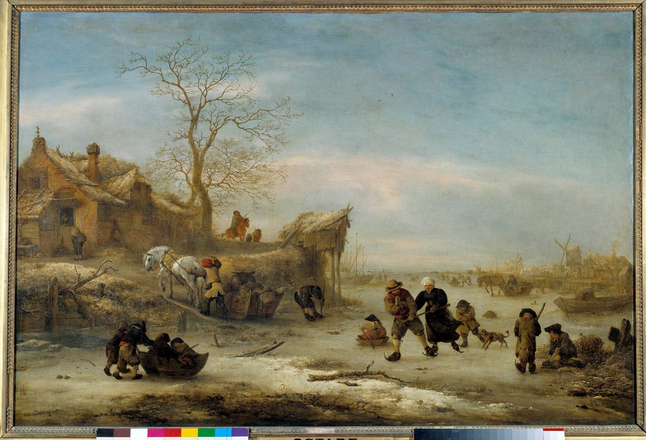 Canal gelé avec patinage en couple Peinture par Isaak Van Ostade (1621-1649). 17ème siècle - Isack van Ostade