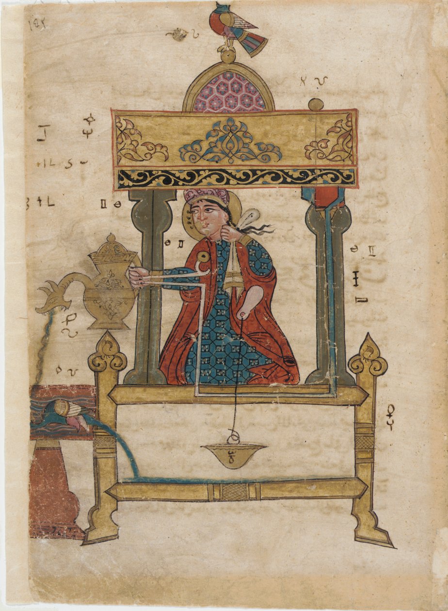 Automate de lavage des mains avec mécanisme de chasse, folio du Livre des dispositifs mécaniques ingénieux - Islamic School