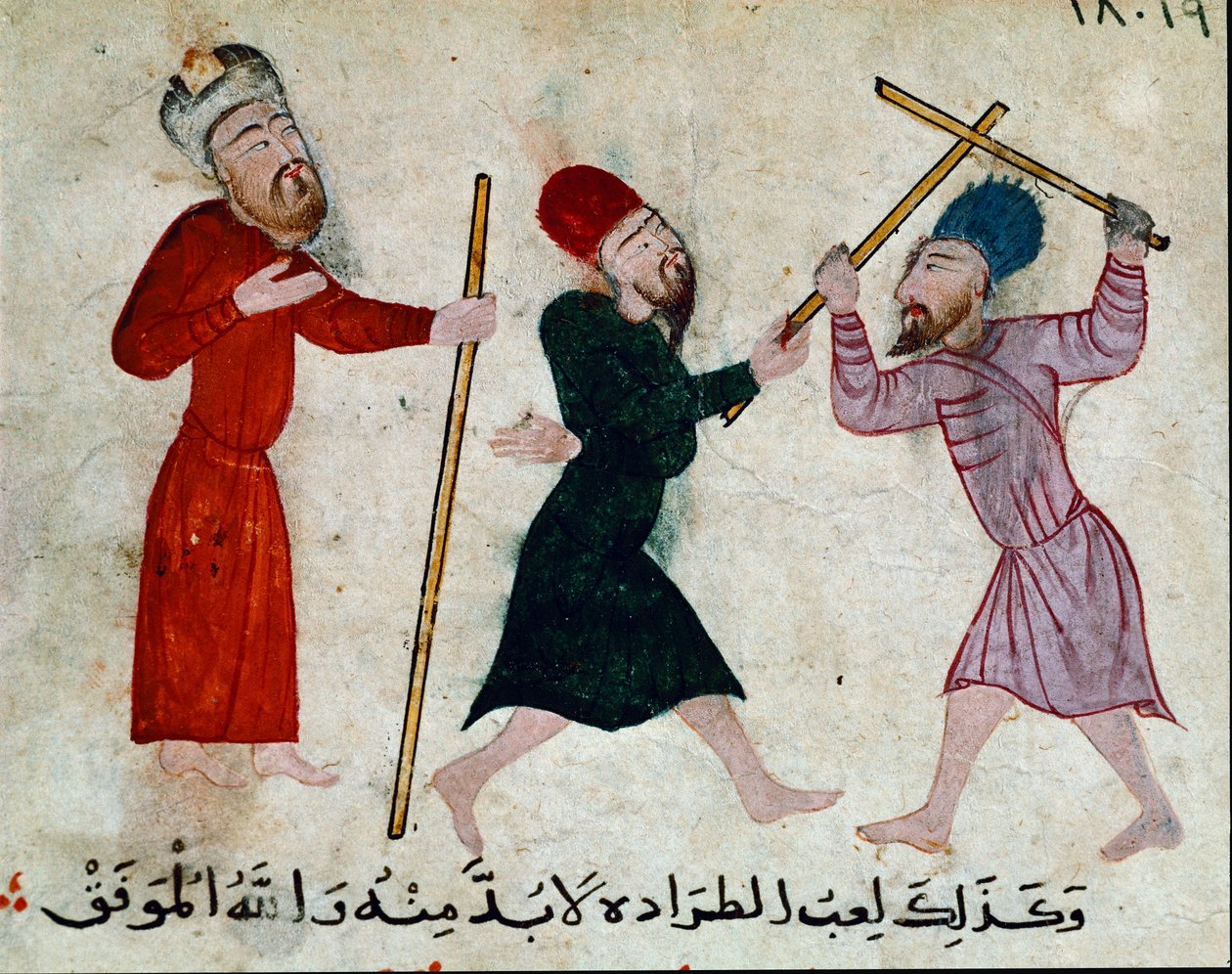 Art islamique : Dessin sur parchemin de la période fatimide (10-11ème siècle) - Jeu de bâtons - Islamic School