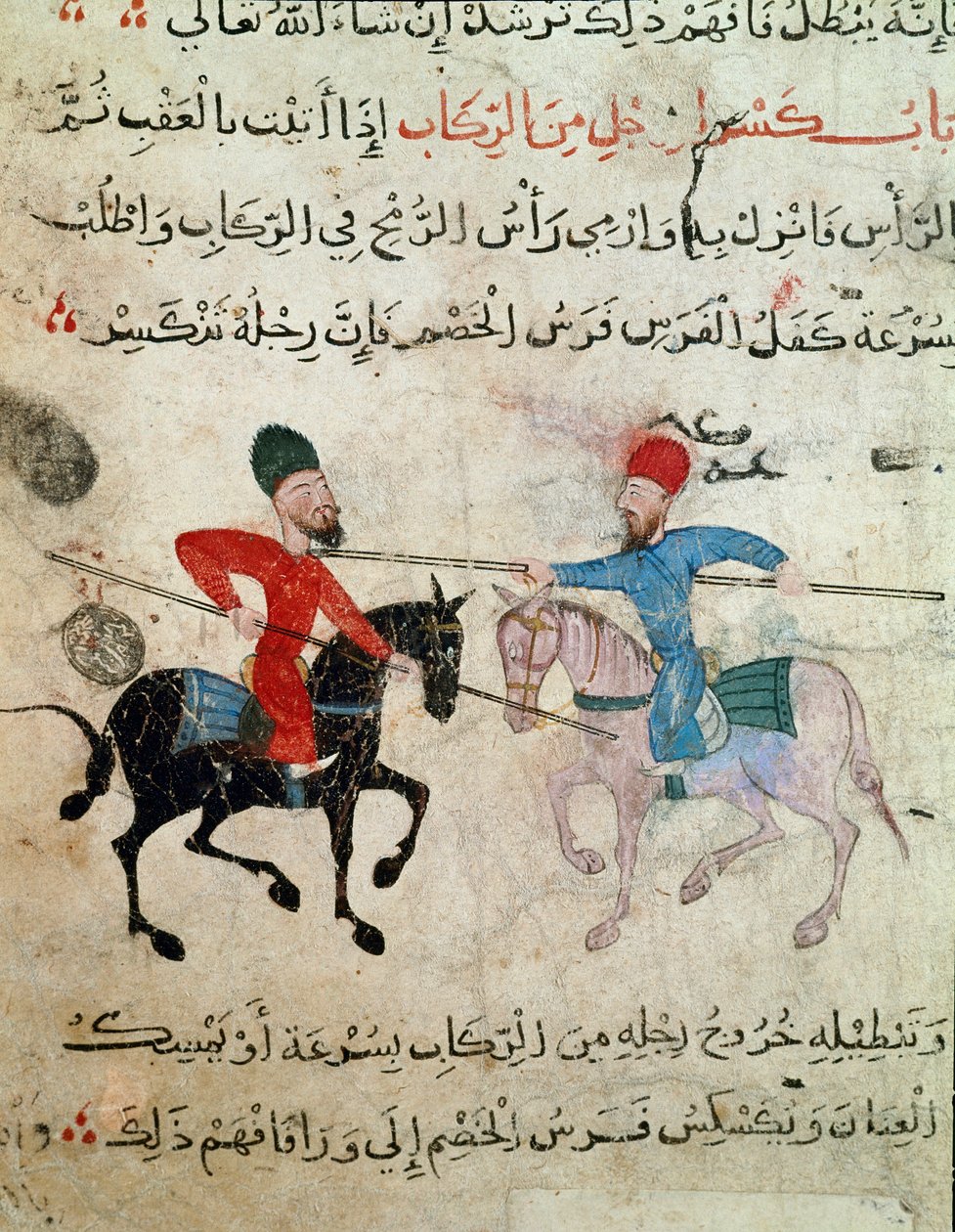 Art islamique : Dessin sur parchemin de la période fatimide (10-11ème siècle) - Scène de duel entre deux cavaliers - Islamic School