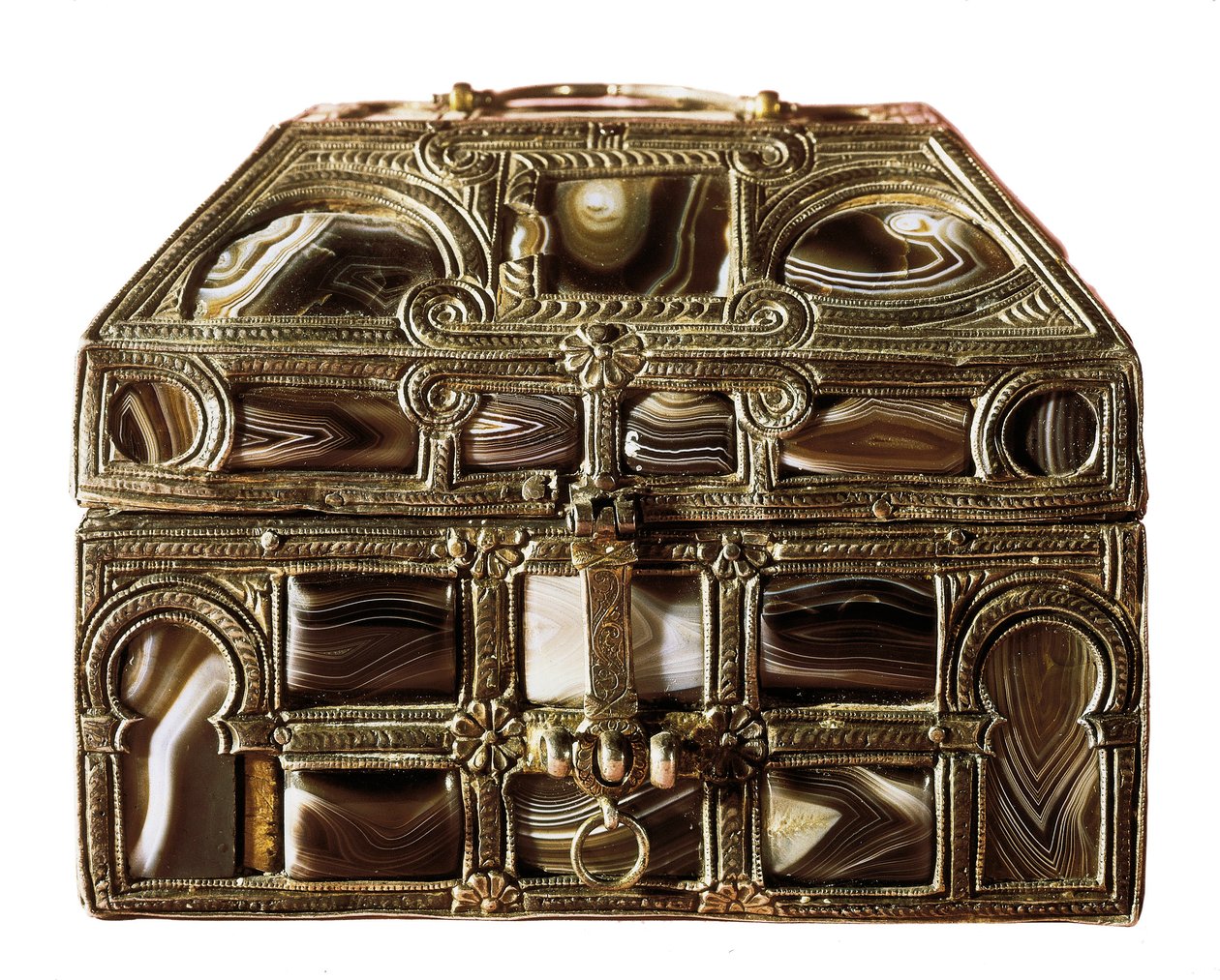 Art mozarabe : boîte en agate faite de bois, agate et argent. 11ème siècle. De la Real Colegiata de San Isidoro. León. Musée archéologique de Madrid, Espagne - Islamic School
