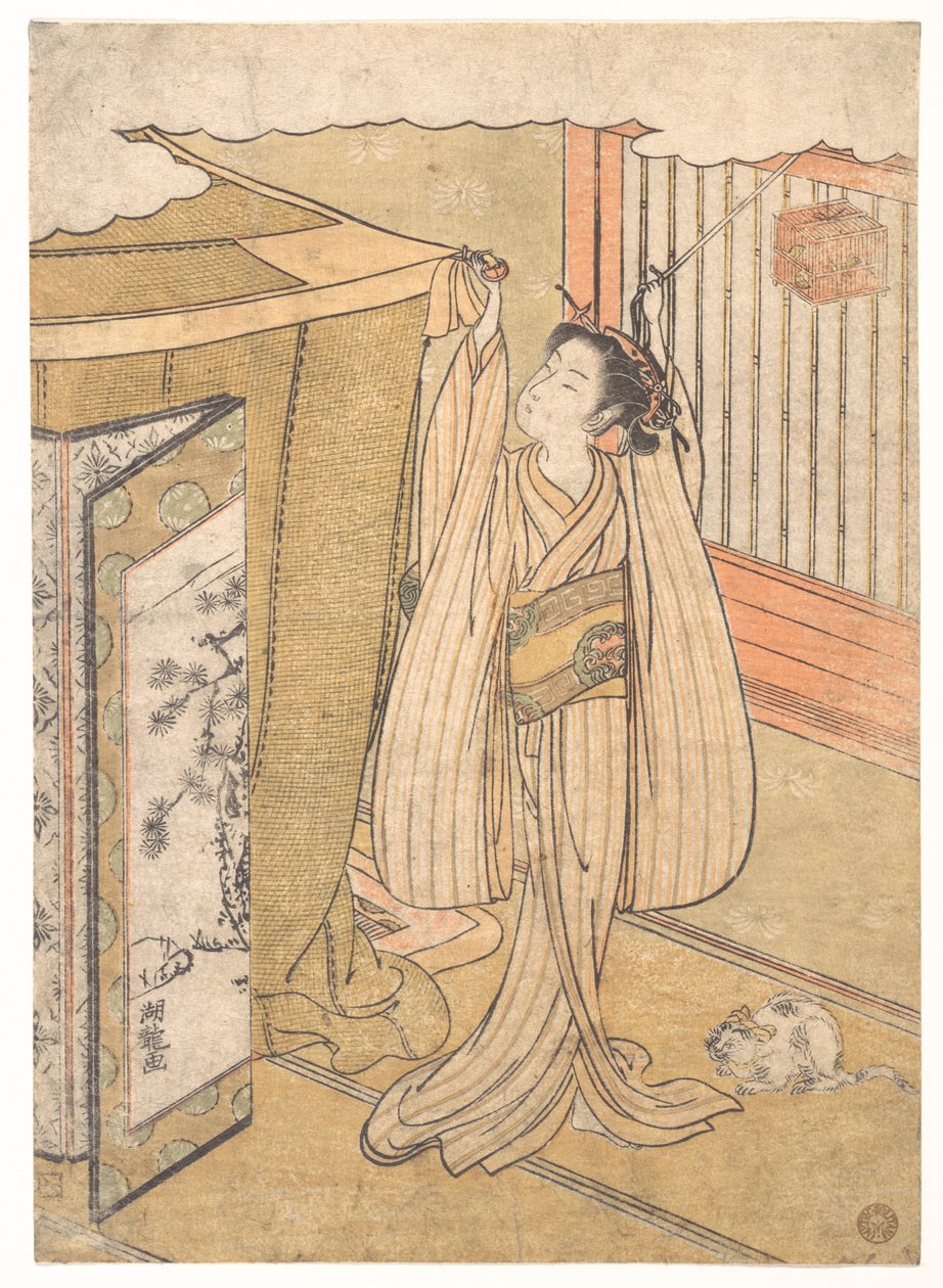 Une jeune fille suspend une moustiquaire au-dessus de son lit - Isoda Koryusai