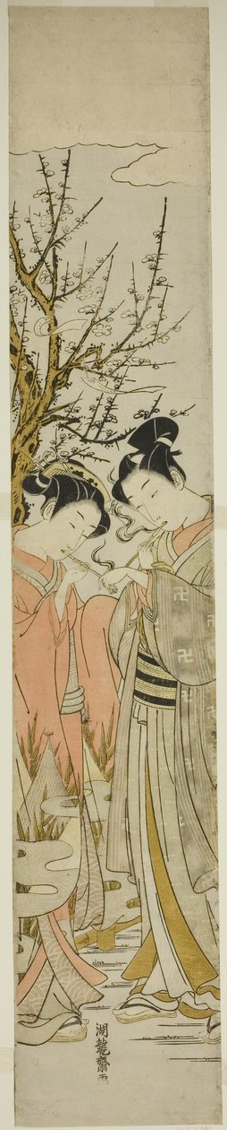 Couple allumant des pipes sous un prunier - Isoda Koryusai