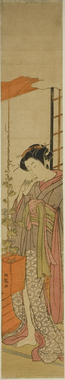 Courtisane admirant les gloires du matin en se nettoyant les dents - Isoda Koryusai