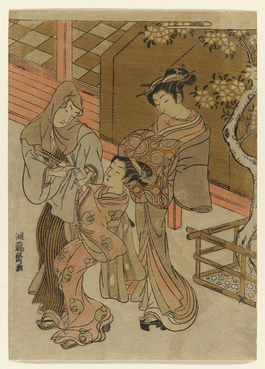 Courtisane regardant son assistant retenir un homme encapuchonné - Isoda Koryusai