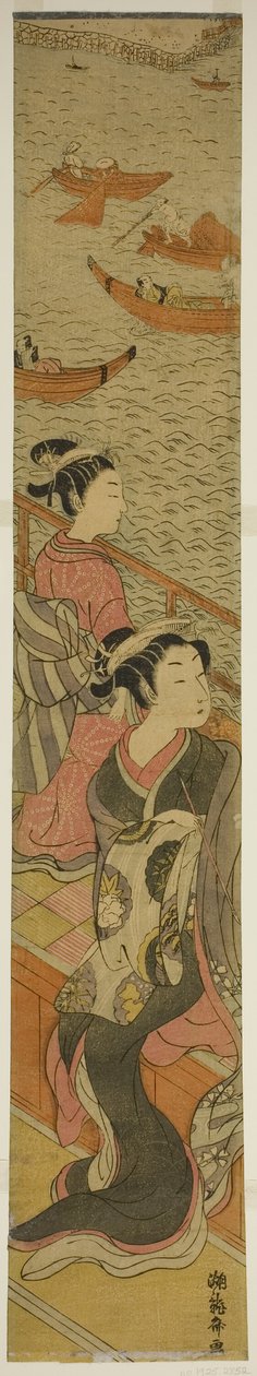 Courtisane et son assistante sur un balcon surplombant la rivière - Isoda Koryusai