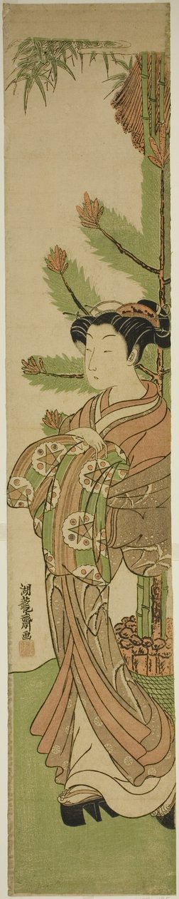 Courtisane devant une décoration de pin et de bambou pour le Nouvel An - Isoda Koryusai