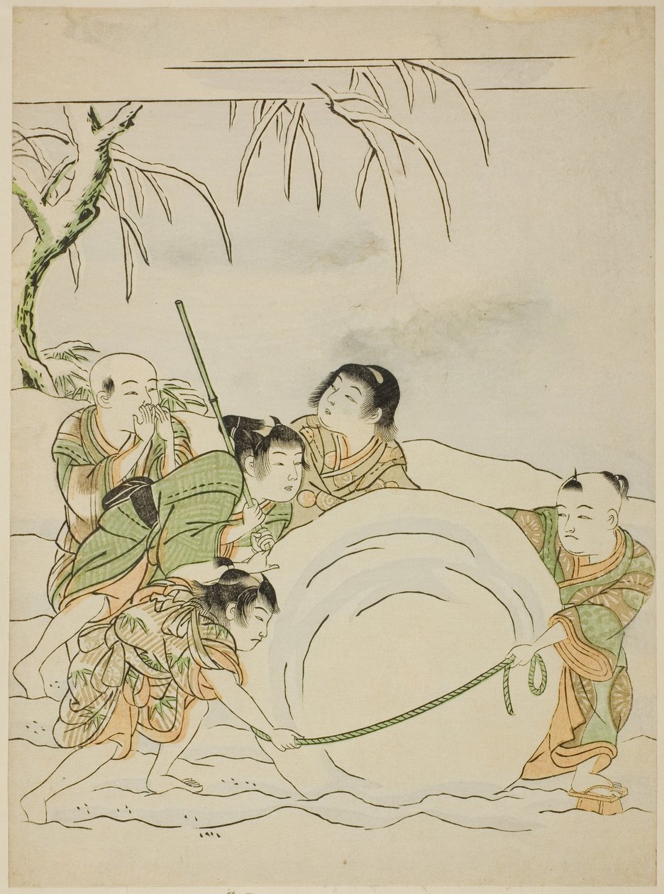 Cinq jeunes garçons roulant une grosse boule de neige - Isoda Koryusai