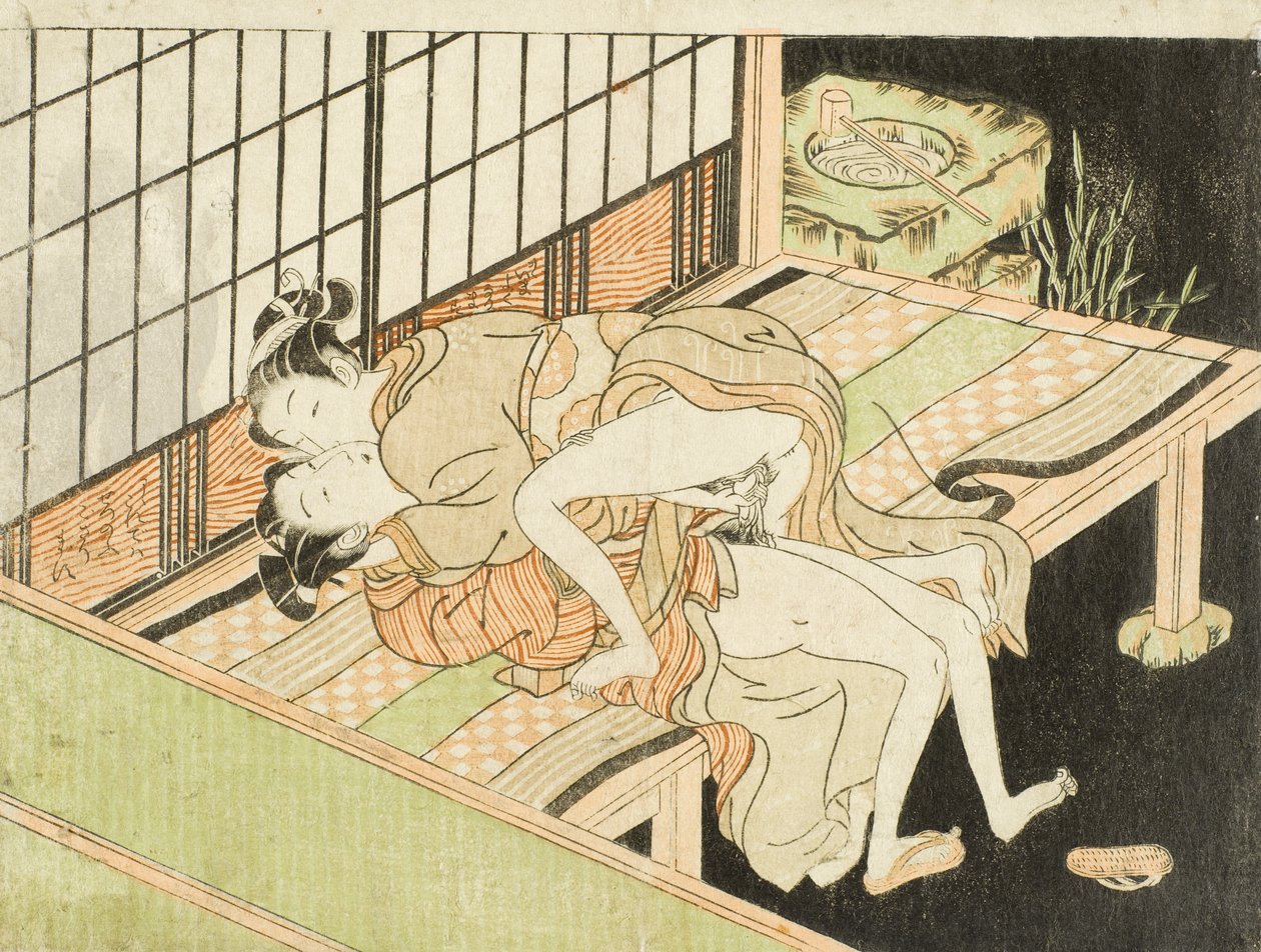 Des amoureux sur une véranda, la nuit - Isoda Koryusai