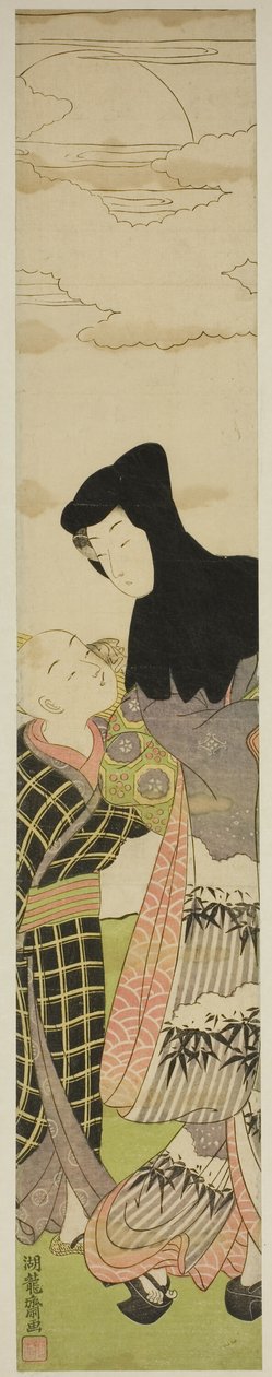 Femme portant une capuche noire parlant à un jeune garçon - Isoda Koryusai