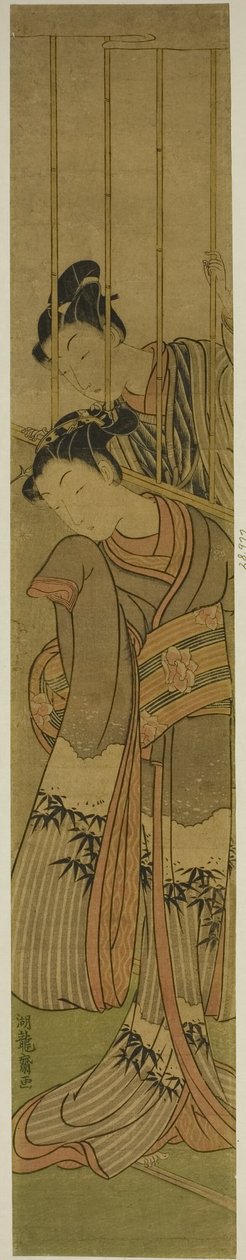 Jeune homme admirant une fille à travers une fenêtre grillagée - Isoda Koryusai