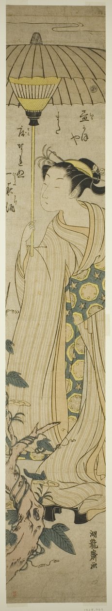 Jeune femme tenant un parasol admire les fleurs de Hirugao (fleur de midi) - Isoda Koryusai