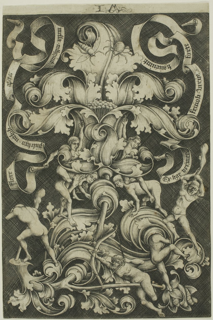 Ornement avec fleur et huit personnages sauvages - Israhel van Meckenem the younger