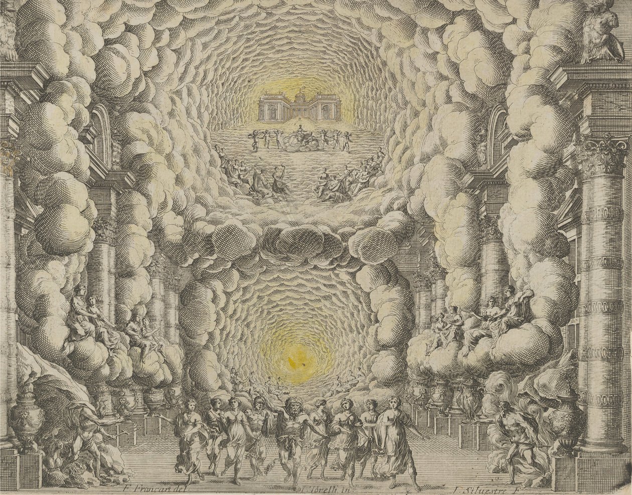 Conception pour un décor de théâtre créé par Giacomo Torelli da Fano pour le ballet 