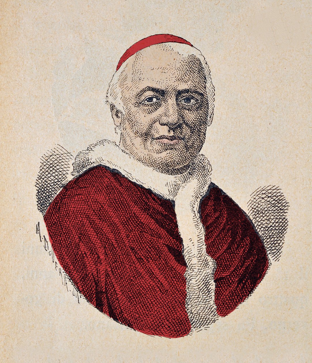 Portrait du Pape Pie IX (Pius ou Pio ou Giovanni Maria Mastai Ferretti) (1846-1878) (gravure avec coloration ultérieure) - Italian School
