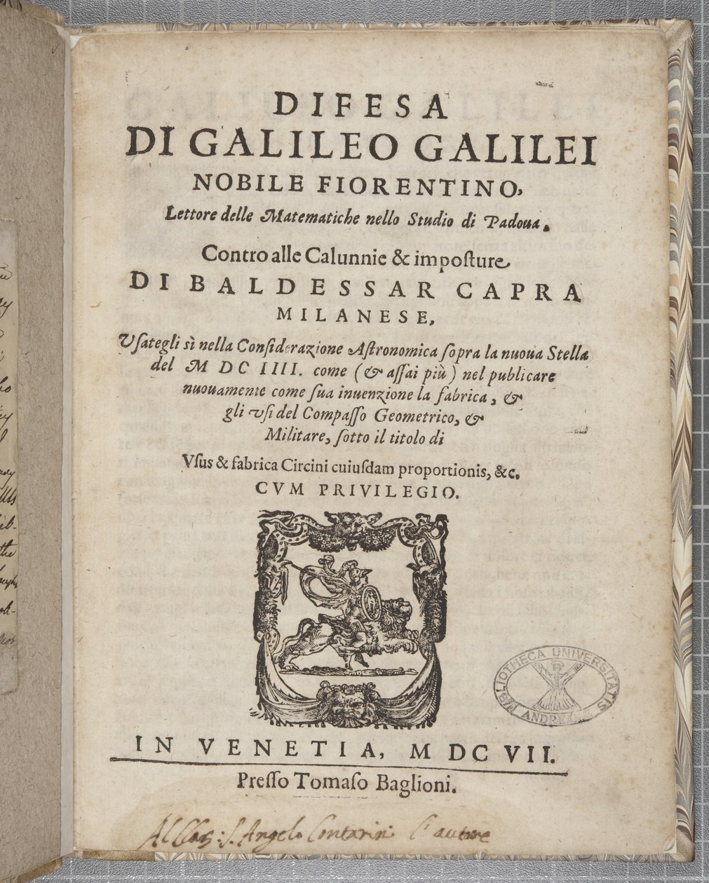 Page de titre de Difesa, par Galilée, 1607 - Italian School
