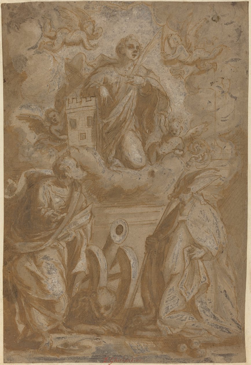 Sainte Barbe en gloire avec les saints Nicolas et Jérôme - Italian 16th Century