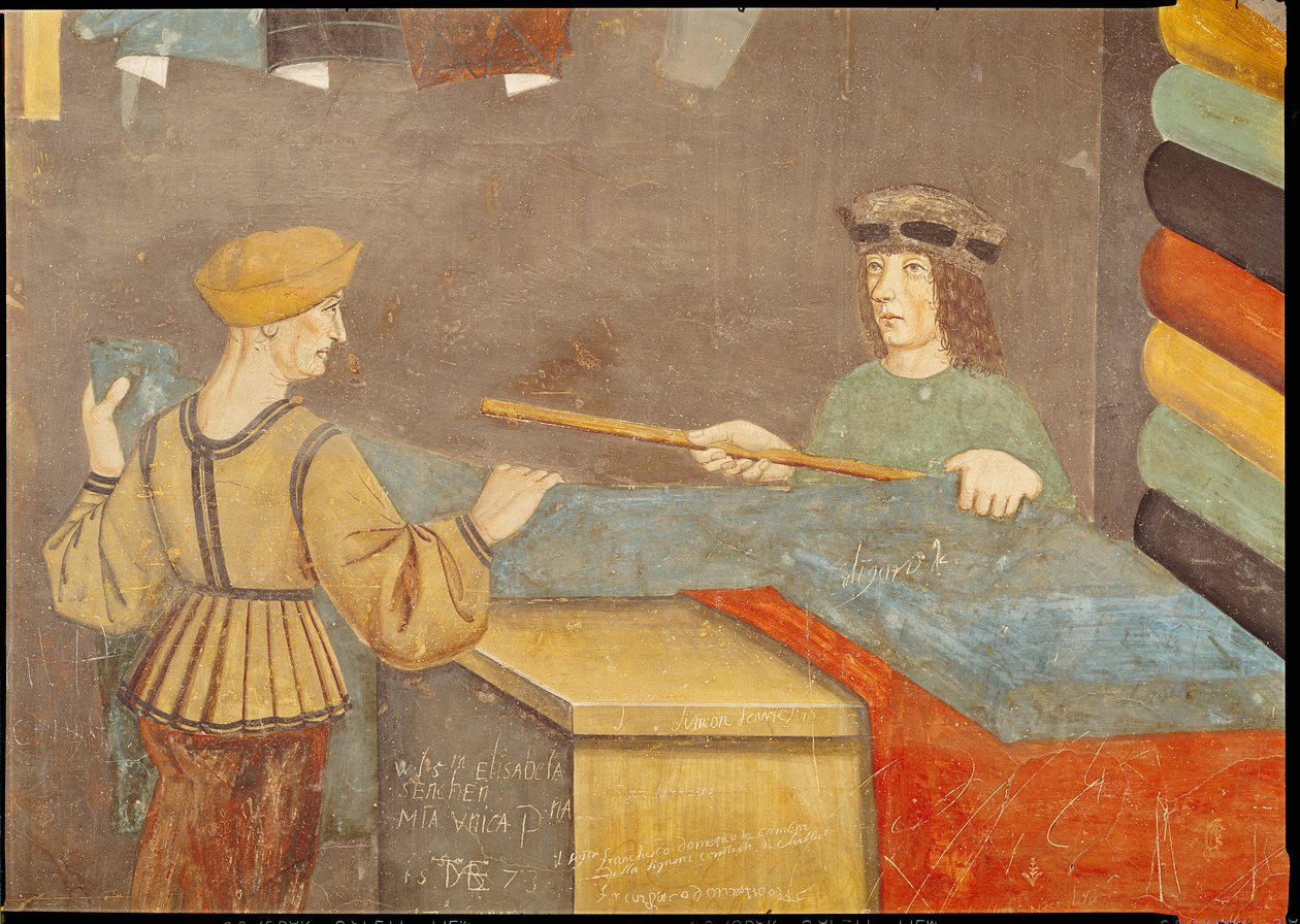 Un marchand de tissus mesurant du tissu - Italian School