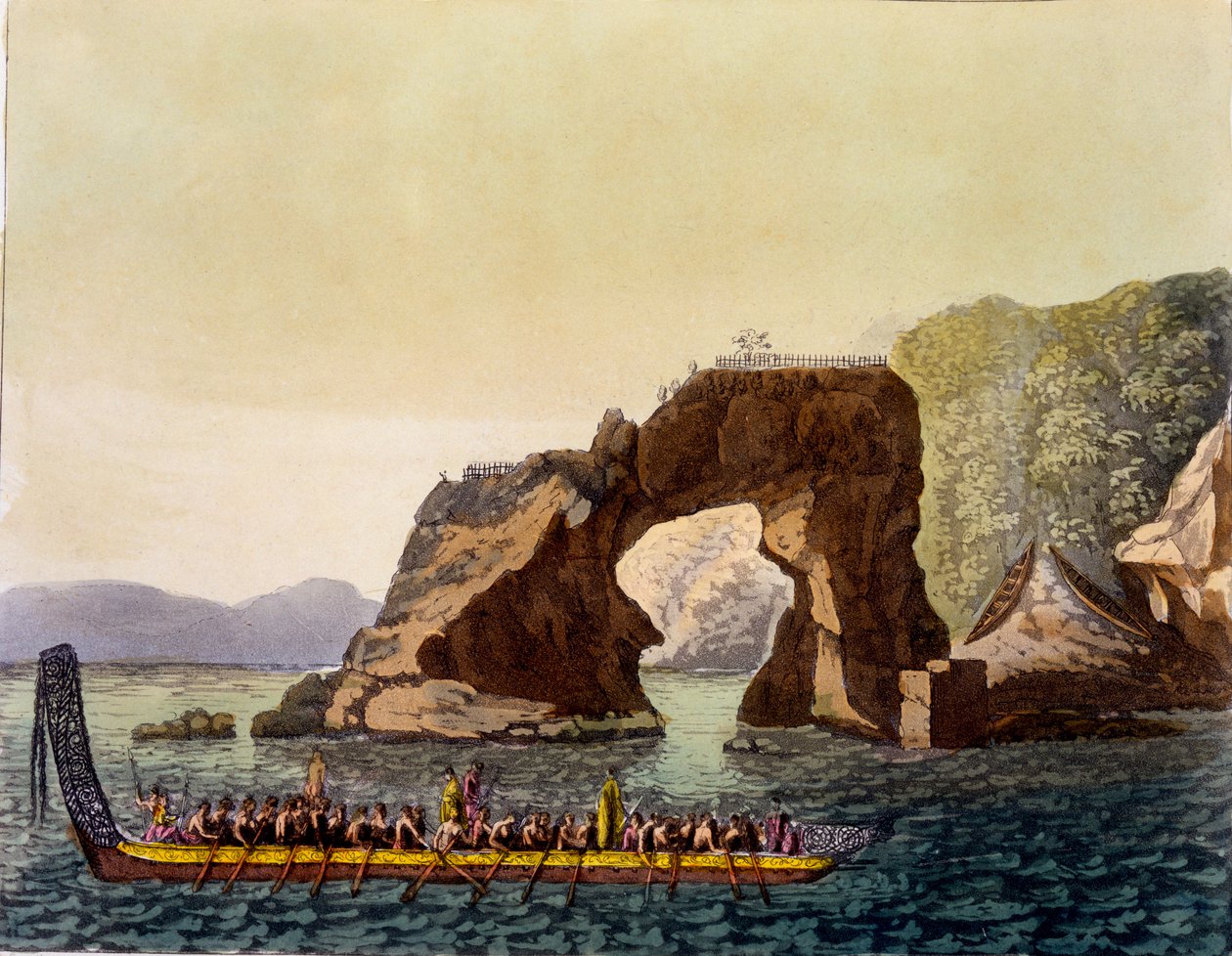 Point de vue fortifié maori en Nouvelle-Zélande, combiné avec une pirogue de guerre maorie, années 1820-30 - Italian School