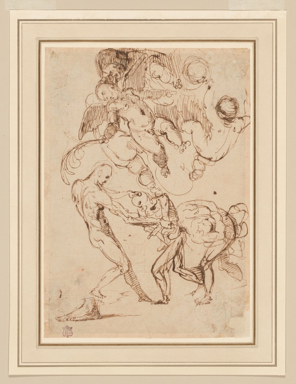 Étude de Figures Masculines Liées et Malmenées, et Divers Putti, Un Tenant une Fronde de Palmier - Italian School