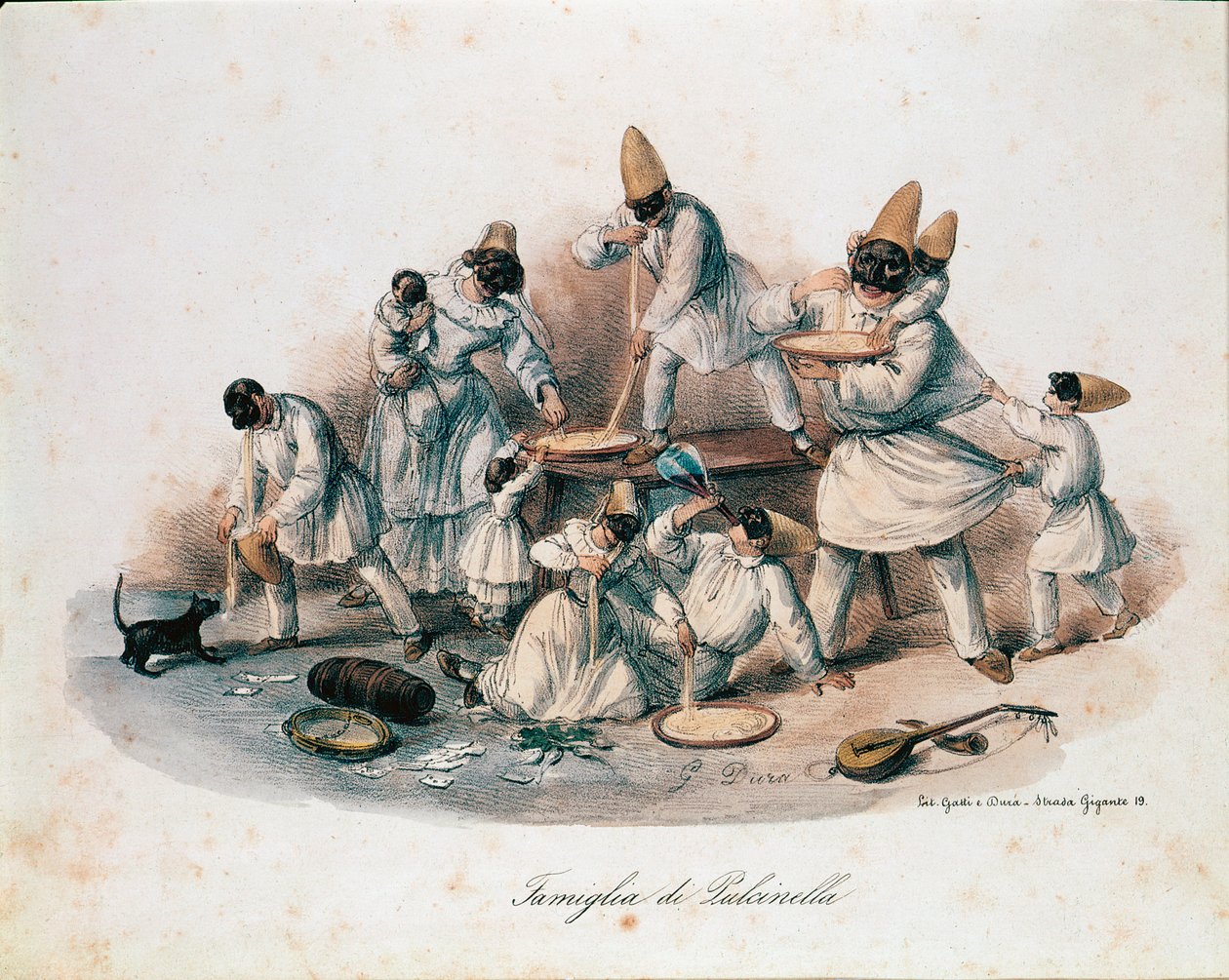 Une famille de pulcinella (polichinelle) personnage de la commedia dell
