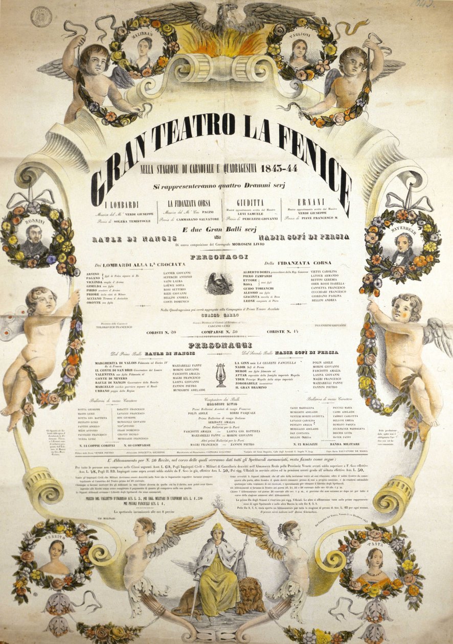 Affiche du Théâtre de La Fenice de Venise pour la saison 1843 - 1844. - Italian School