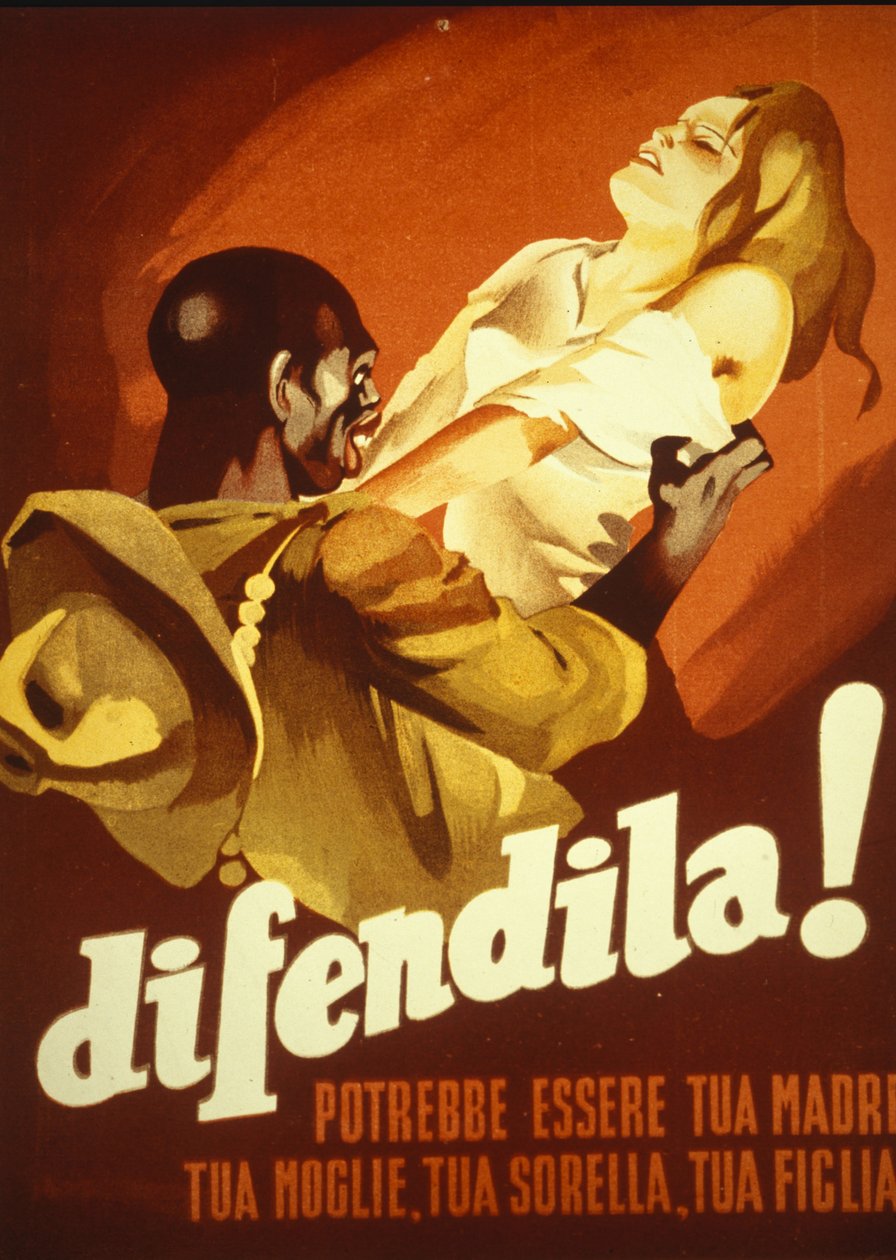 Affiche représentant une jeune femme agressée par un homme de couleur: Défends la, elle pourrait être ta mère, ta femme, ta soeur, ta fille. Italie - Italian School