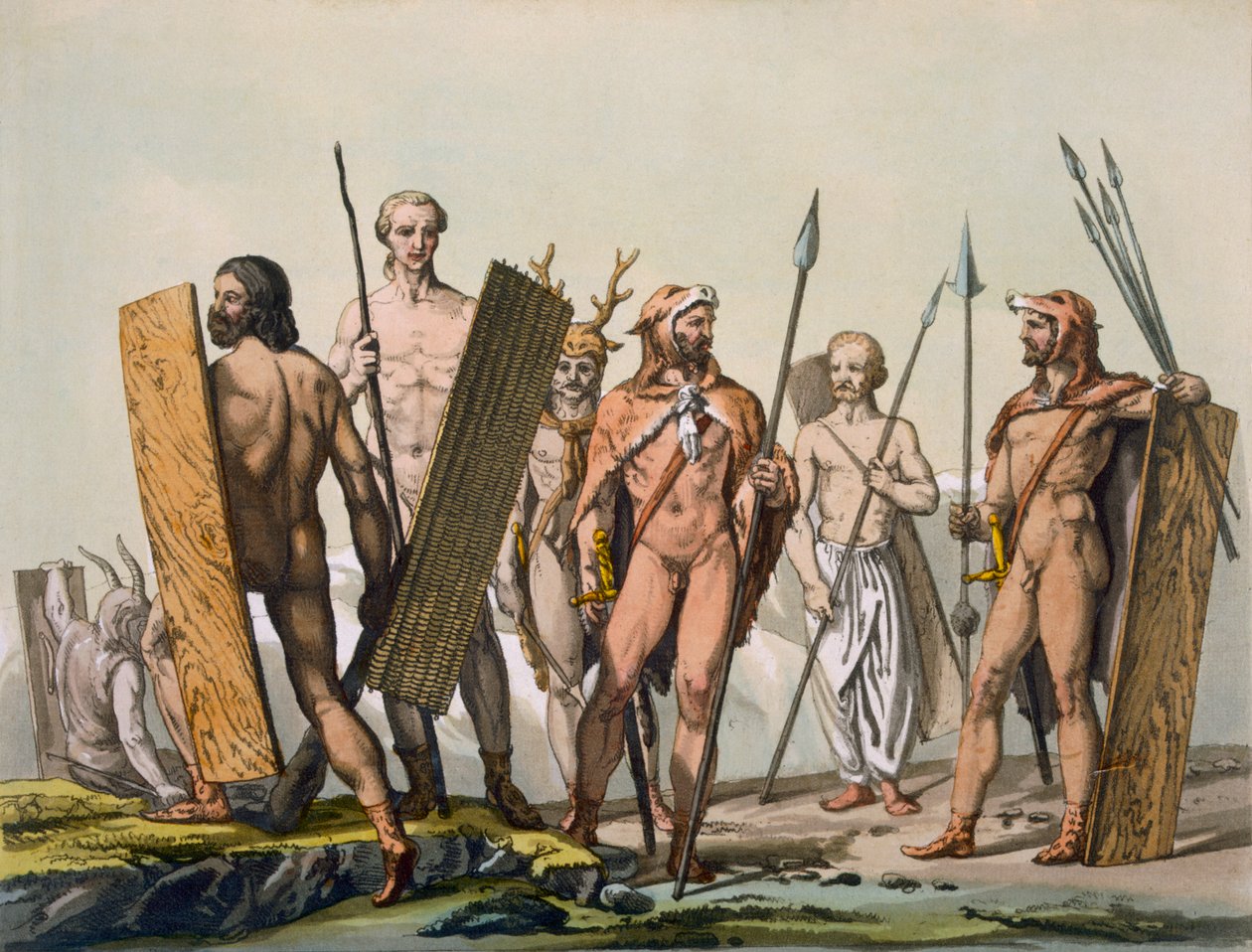 Guerriers celtiques anciens habillés pour la bataille, avec un chaman, vers 1800-18 - Italian School