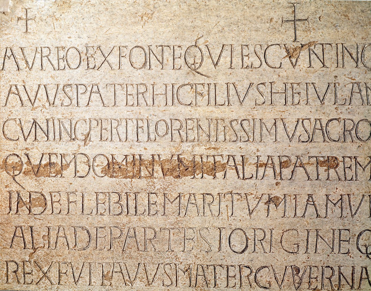 Archéologie du Moyen Âge : pierre tombale du roi lombard Cunipert, dit le Pieux - Italian School